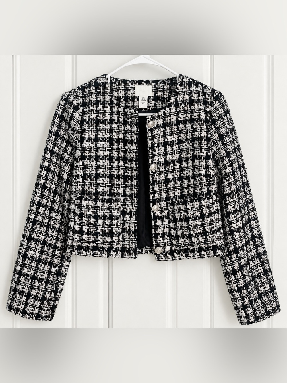 H&M Black and White Tweed Cropped Blazer